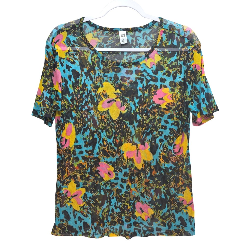 Vintage Y2K it's Womens Top L Mesh Abstract Animal Floral Print 2000s Multicolor